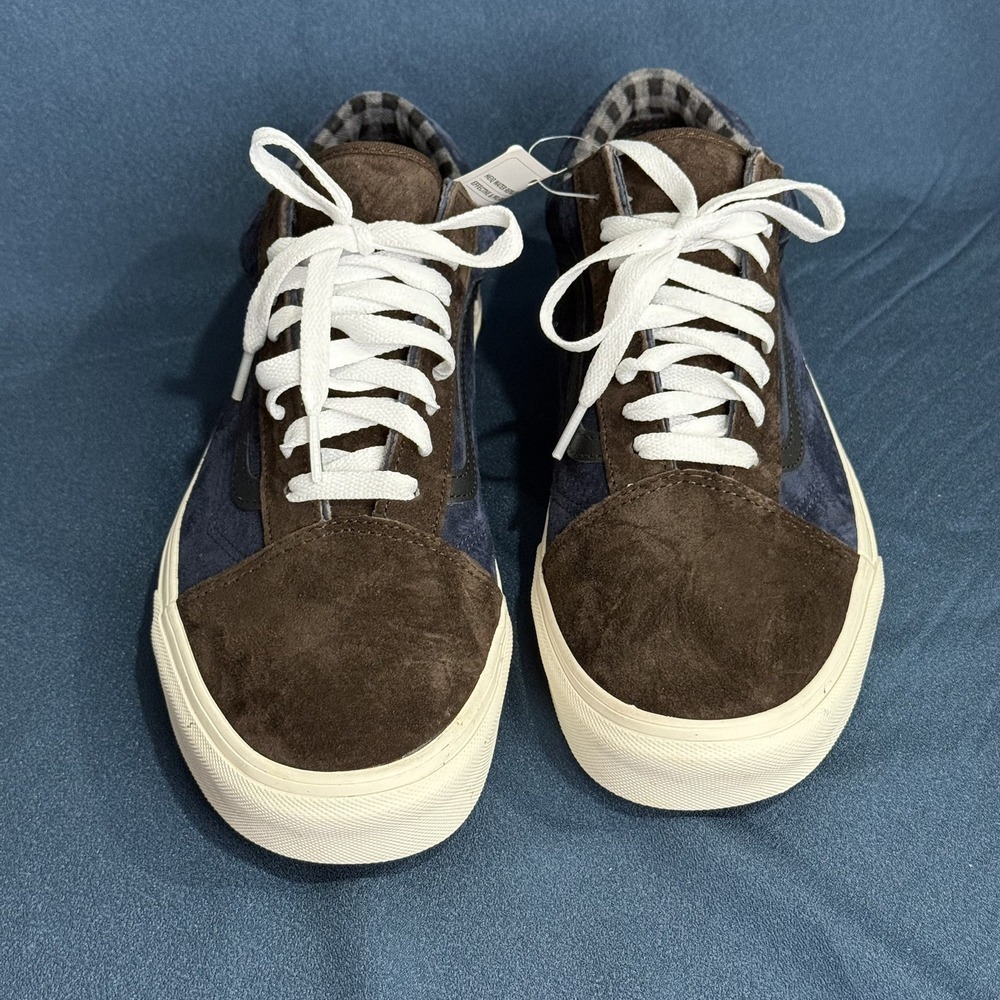 Vans Old Skool Mens 11 Pig Suede Plaid Brown Navy Blue Water Repellent 751505 - Picture 3 of 9
